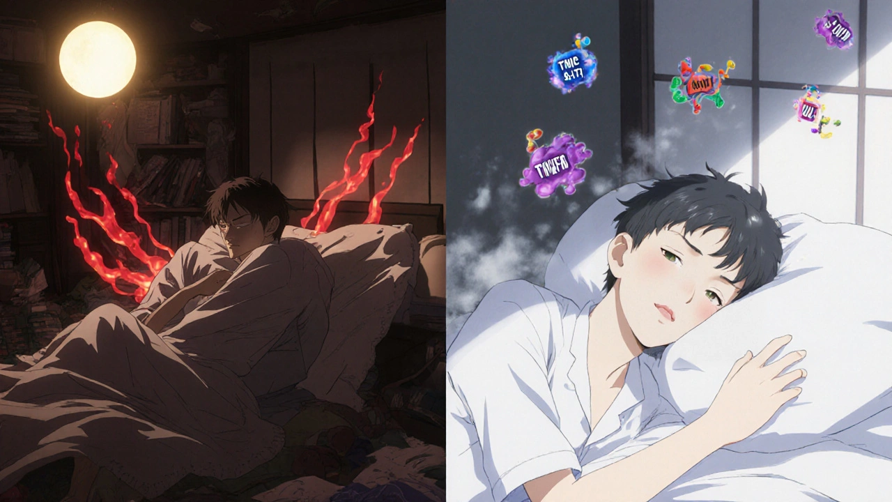 Split scene: one side shows restless sleep with red inflammation, the other shows calm sleep with fading plaques.