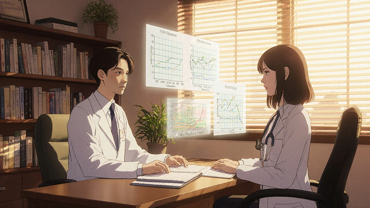 A patient and doctor reviewing allergy symptoms with floating data visualizations.