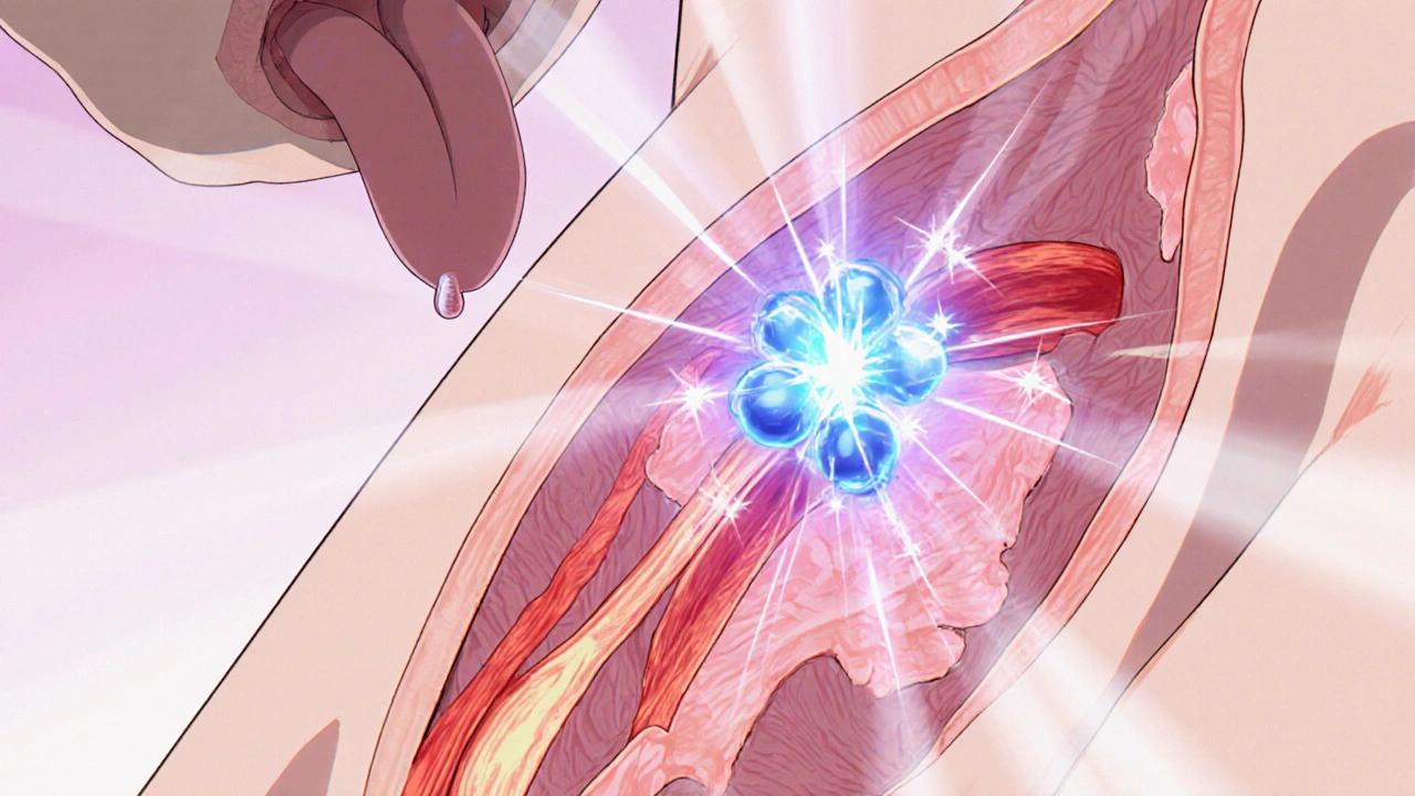 Animated view of blood vessels relaxing with a glowing molecule and jelly droplet.