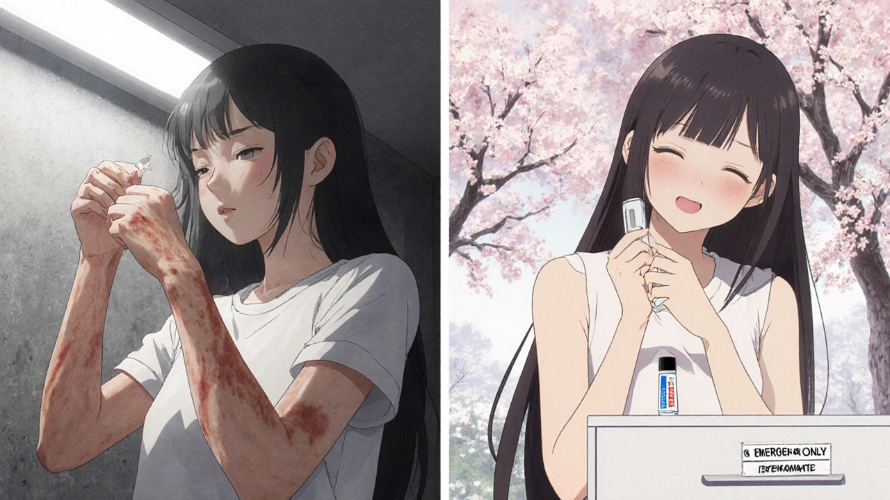 Before and after of skin recovery: thin, bruised arms transitioning to healthy, moisturized skin.