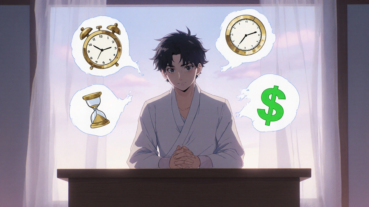Character thinking with floating icons of clock, hourglass, and money.
