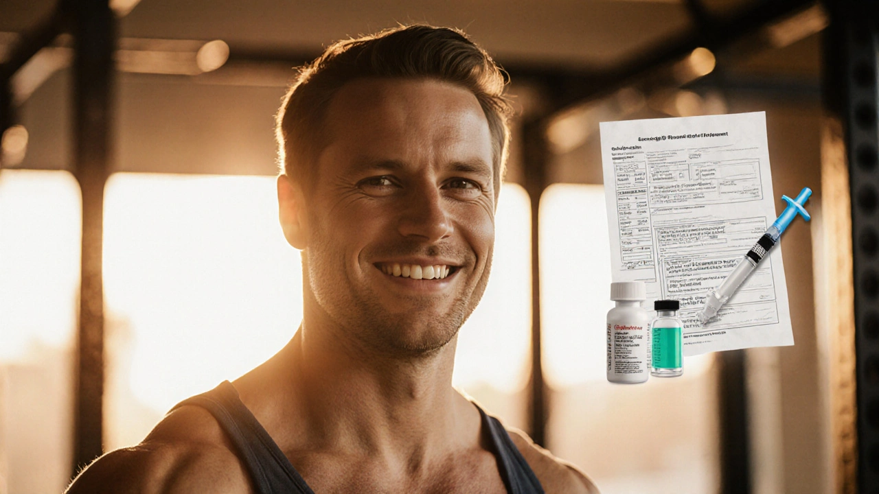Confident man in gym with subtle hints of testosterone therapy, reflecting improved health.