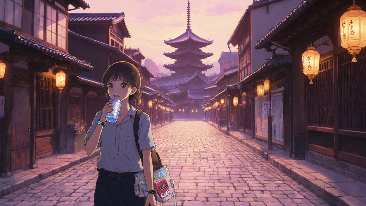 Confident traveler explores a landmark, sipping water, wearing a medical bracelet and carrying safe snacks.
