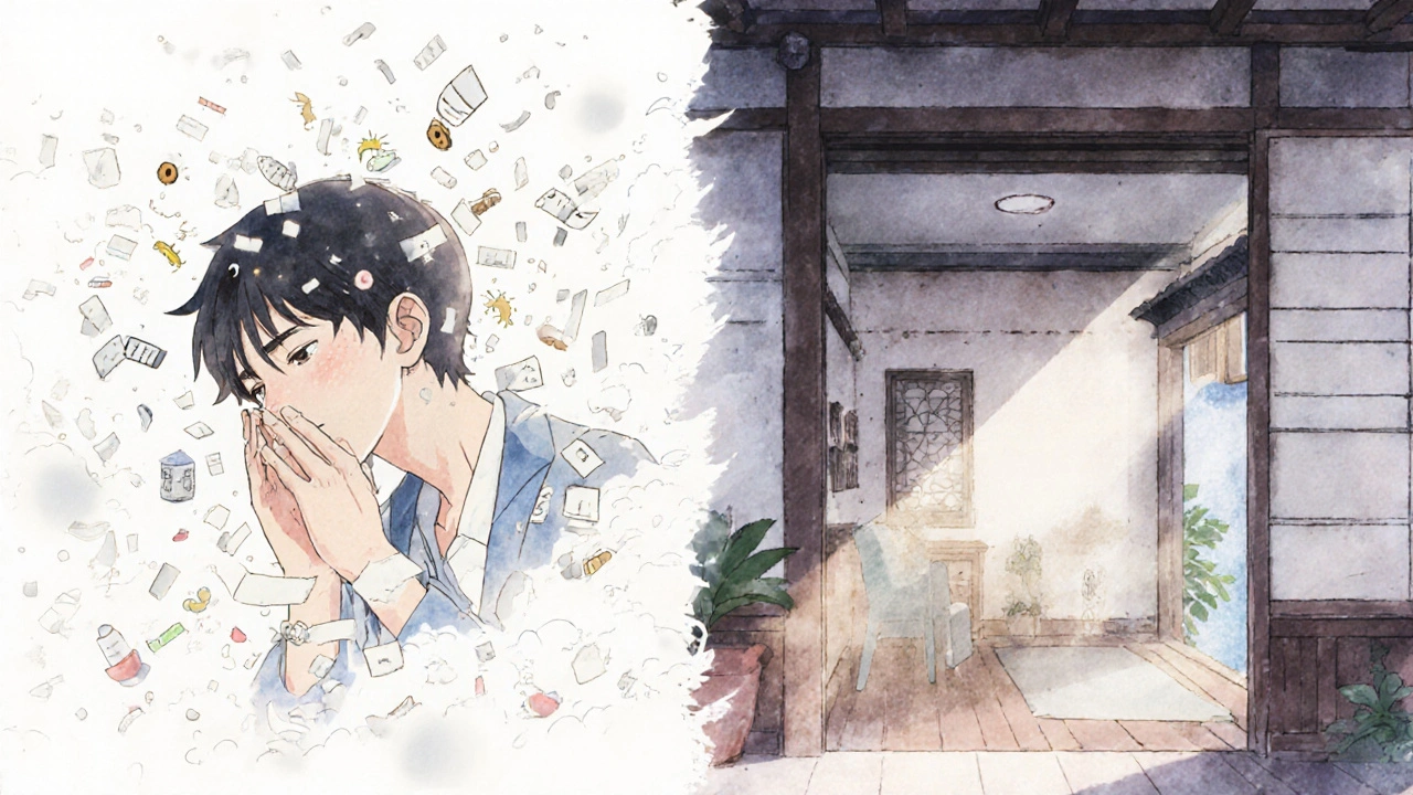 Contrasting scenes of inconsistent vs. consistent cetirizine use with pollen effects.