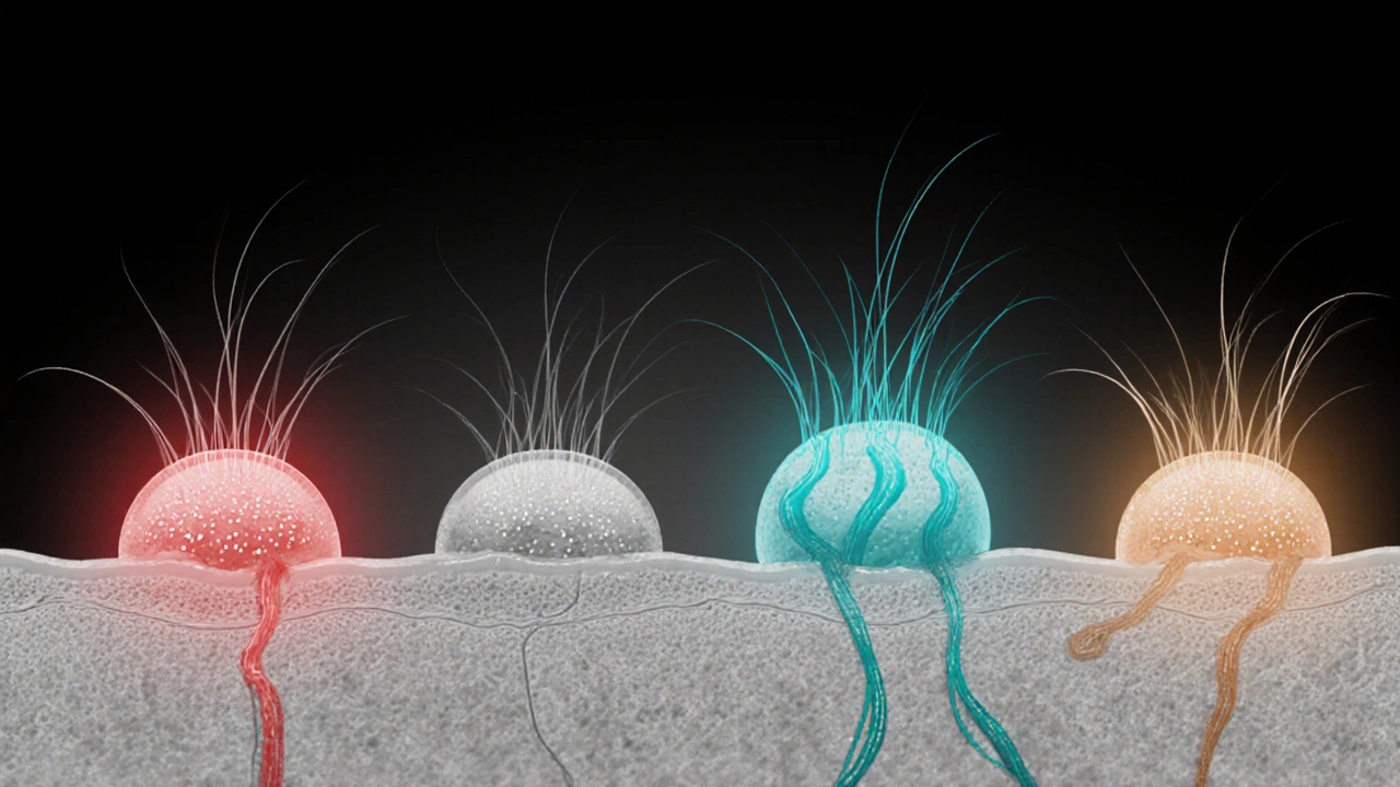 Cross‑section of scalp showing follicles affected by DHT, finasteride, minoxidil, and laser therapy with color accents.