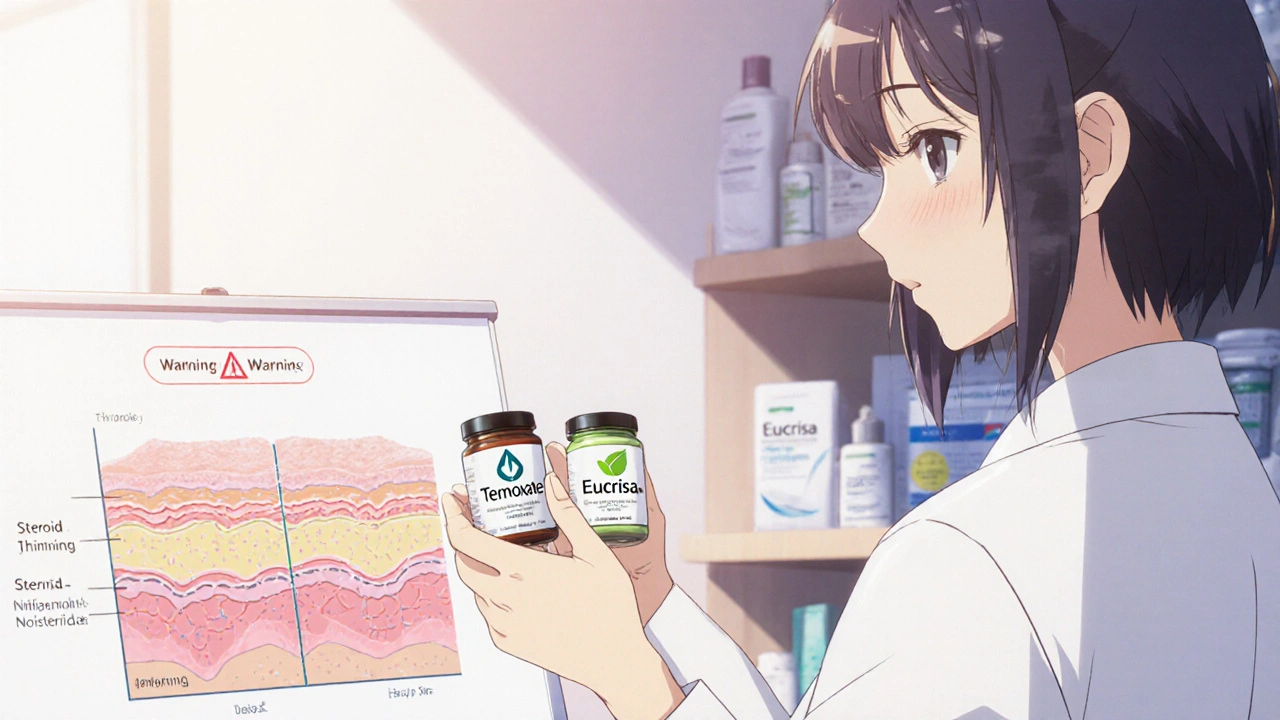 Dermatologist showing patient comparison between Temovate and non-steroidal eczema treatments.