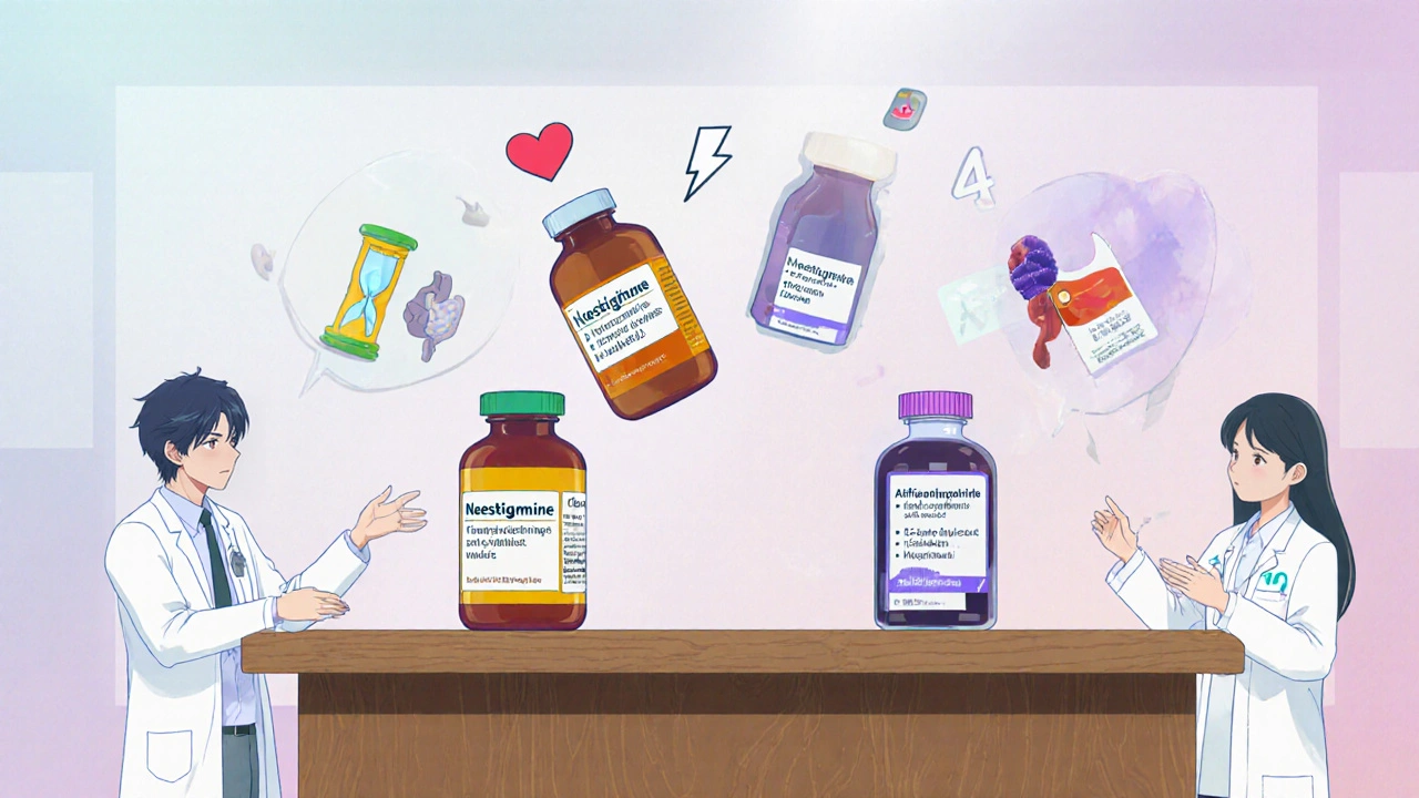Desk with four distinct medication bottles and floating icons representing their effects.