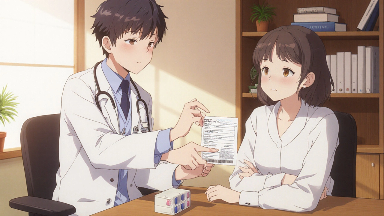 Doctor handing a 90-day prescription to a patient in a calm clinic setting.