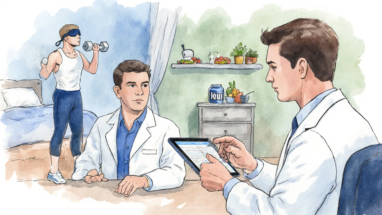 Doctor reviewing labs with patient, plus scenes of exercise, sleep, and nutrition supporting therapy.