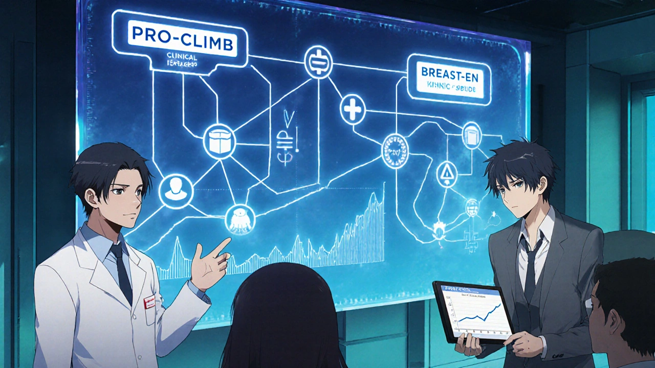 Doctors discuss future clinical trials around a holographic display.