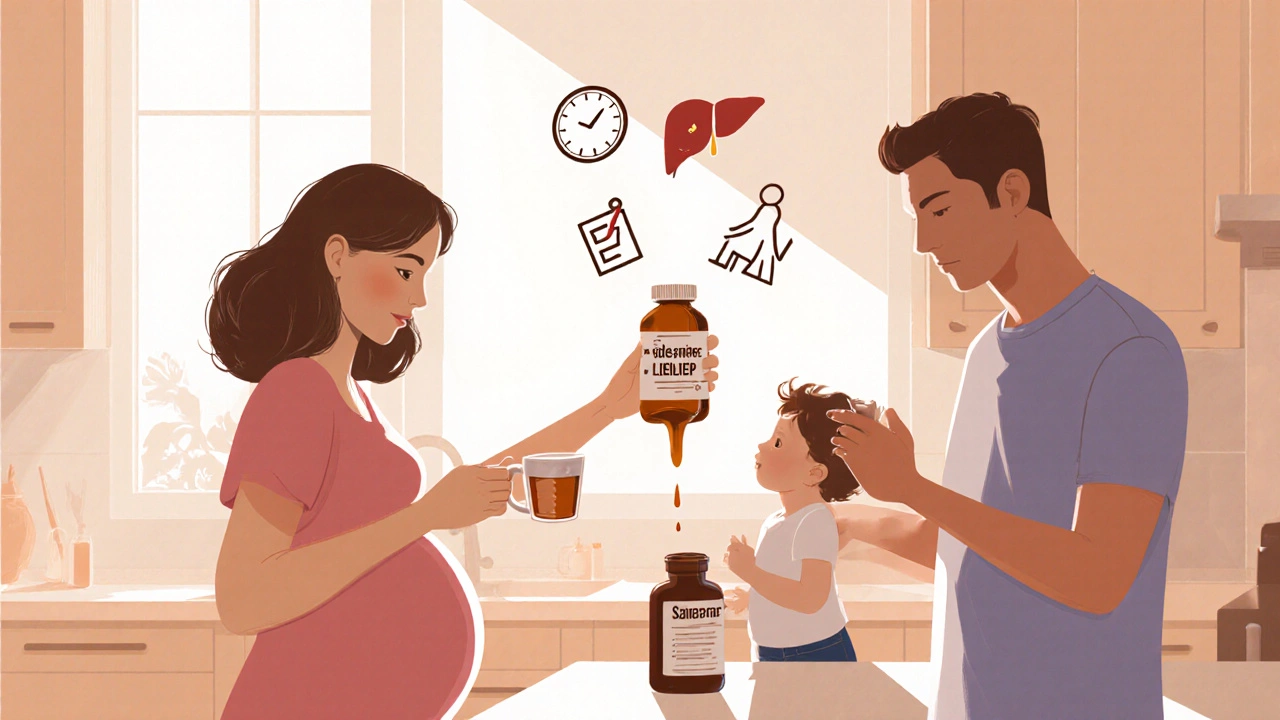 Family in kitchen choosing appropriate antihistamine forms for adults and child.