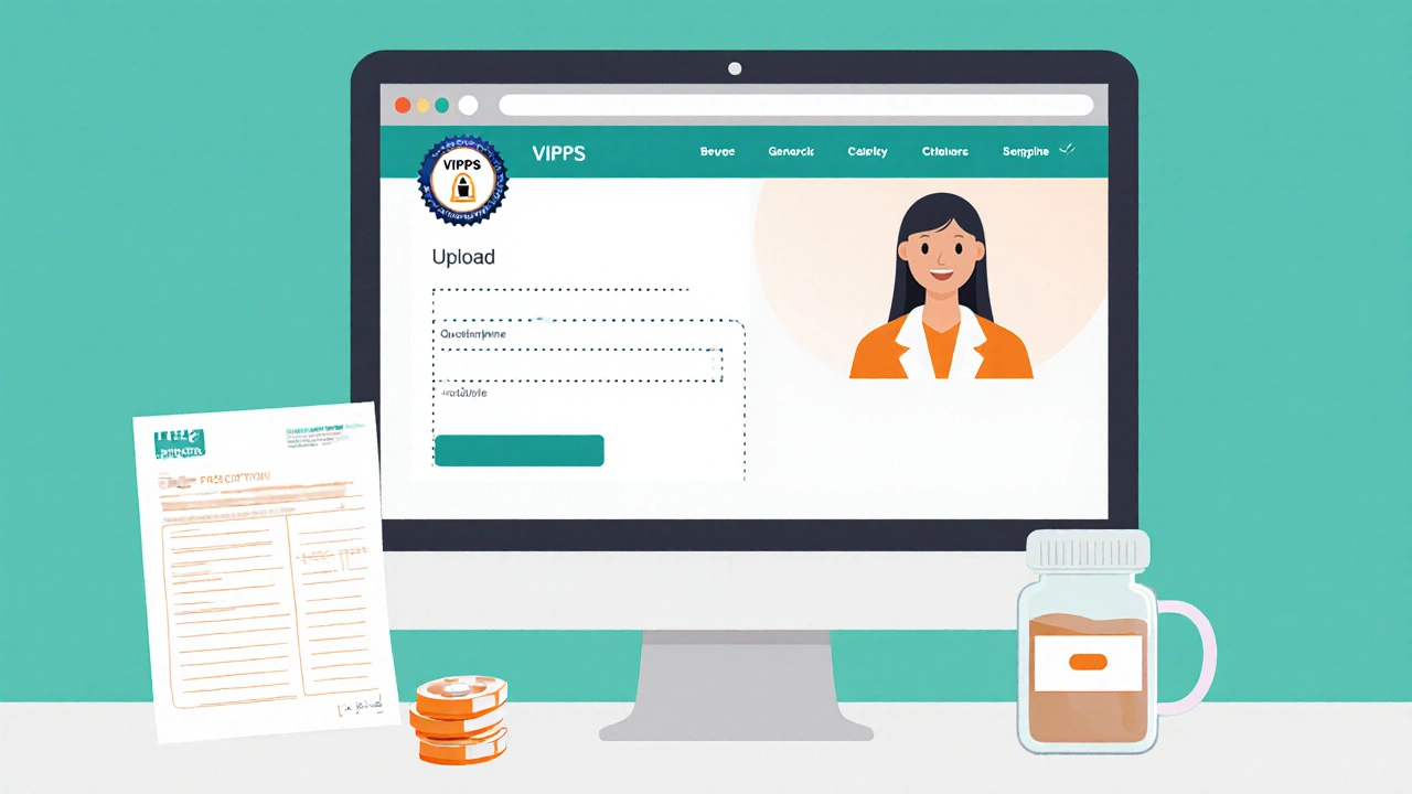 Flat illustration of a computer screen showing a pharmacy site, prescription paper, and pill bottle.