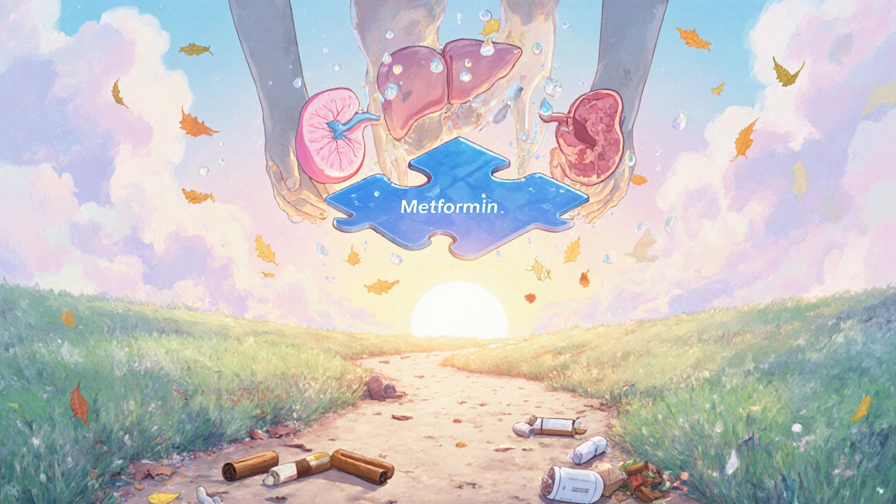 Floating organs with diabetes medications as puzzle pieces, SGLT2 and GLP-1 drugs glowing above Metformin, supplements faded below.