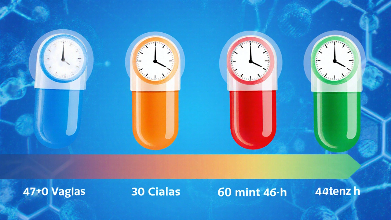 Four ED pills with clock icons above showing onset times and colored bars indicating duration.