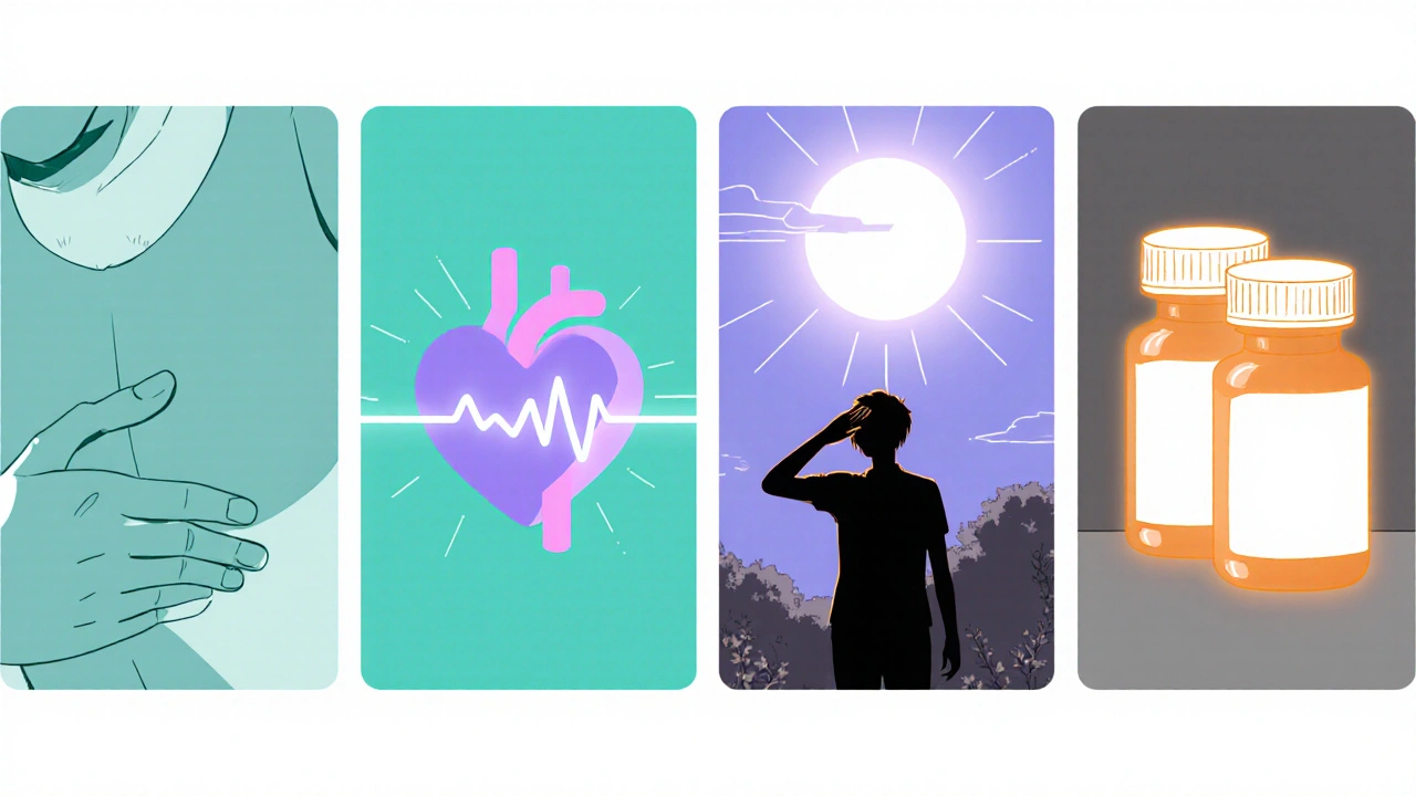 Four panels illustrate nausea, heart rhythm effect, photosensitivity, and drug interaction.