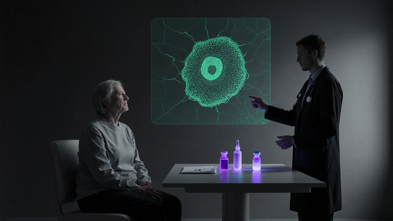 Future clinic with AI hologram of tumor, doctor discussing personalized vaccine in monochrome scene.