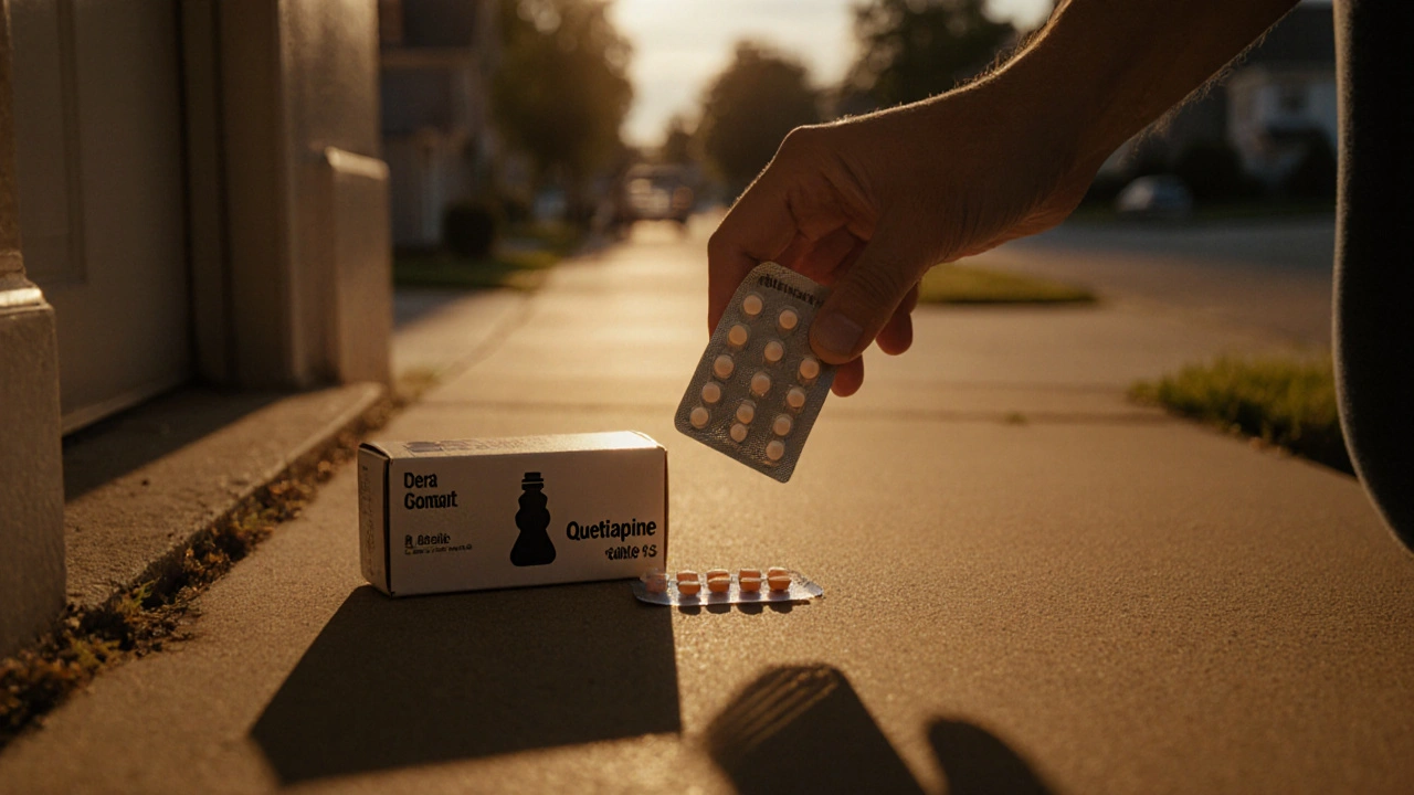 Golden‑hour photo of a hand opening a parcel with a generic quetiapine bottle on a porch.