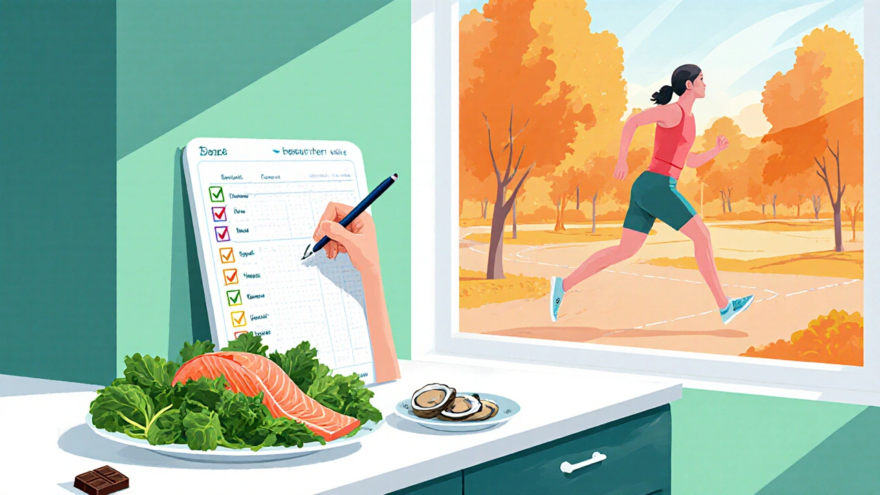 Illustrated workspace with a habit tracker, fresh meals, and a jogger, depicting daily habits that enhance sexual health.