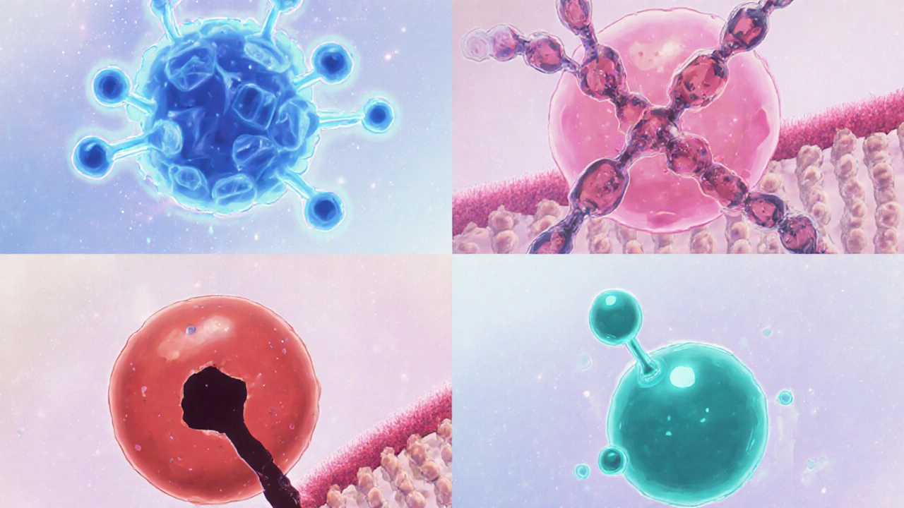 Illustration of four antibiotics interacting with bacterial cells in a split microscopic view.