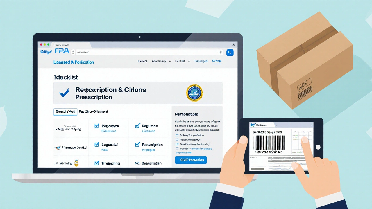 Laptop showing pharmacy site with checklist and prescription upload beside a shipping box.