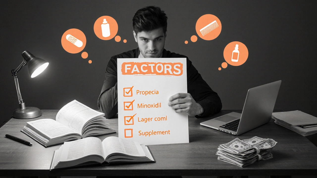 Man at a desk reviewing a checklist while thought bubbles show various hair‑loss options.