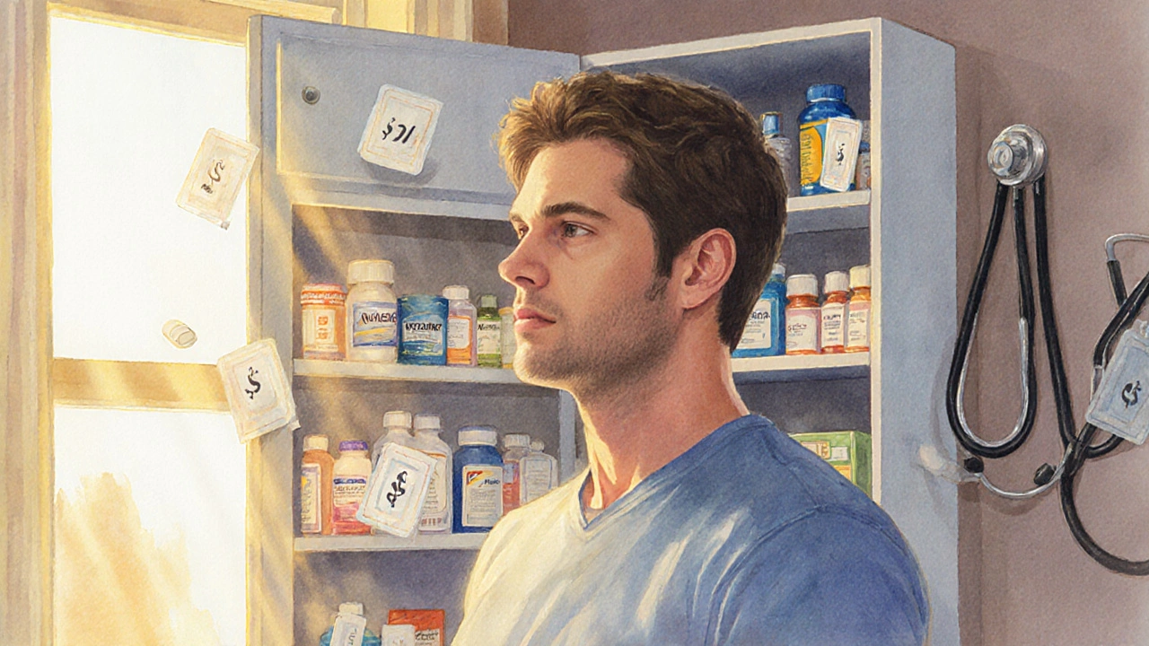 Man by an open medicine cabinet with pills and floating price tags, bathed in morning light.