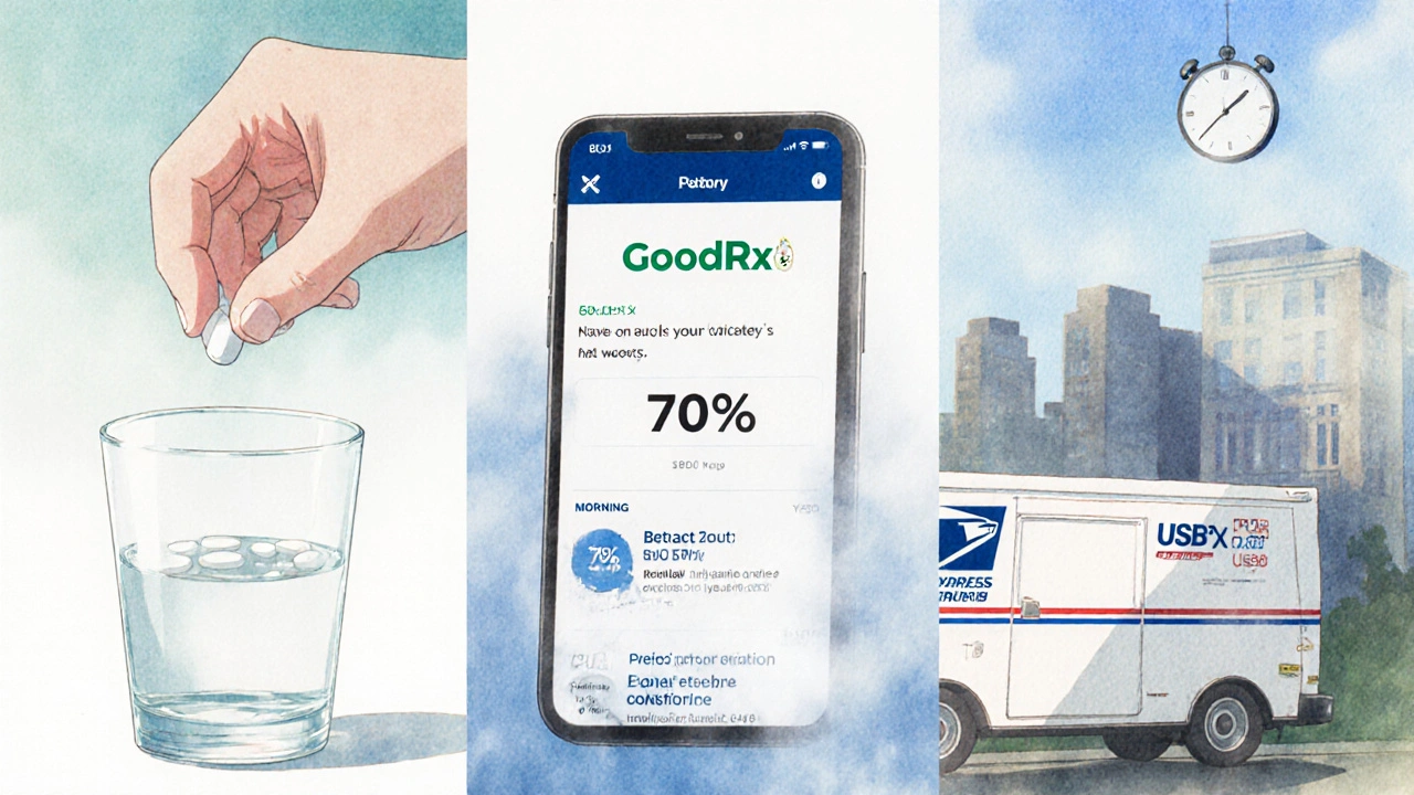 Montage of pill, discount app, and mail-order package symbolizing affordable medication access.