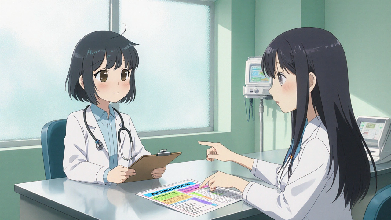 Patient and doctor discussing atomoxetine facts over a clipboard in an exam room.