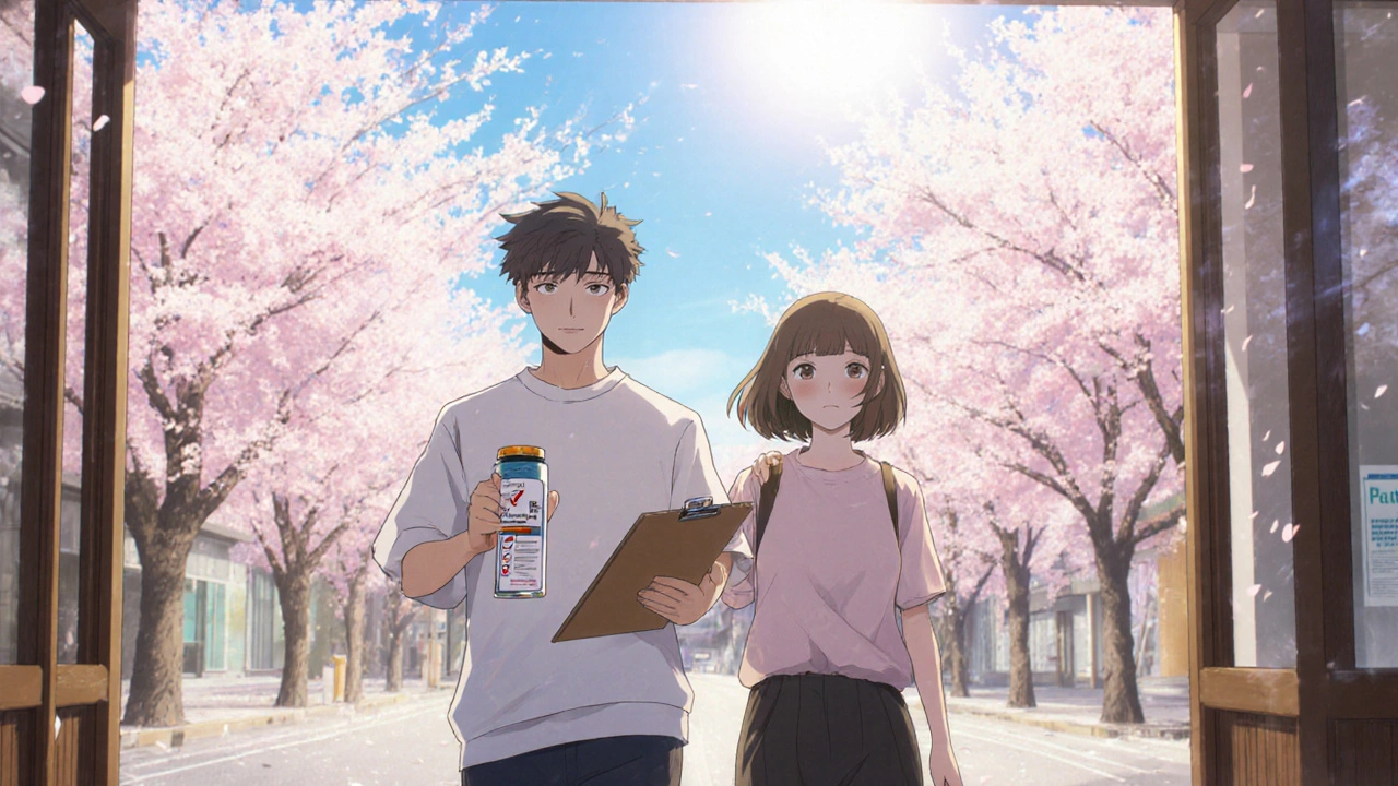 Patient leaves clinic holding prescription bottle and checked checklist with friend.