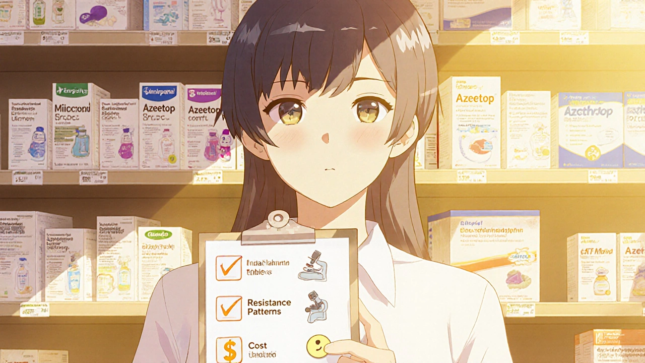 Person holds a checklist in a pharmacy aisle with brand and generic antibiotic bottles.