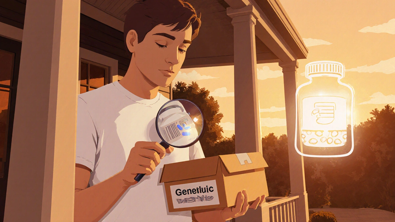 Person opening a delivery box, inspecting Generic Depakote pills with a magnifying glass.
