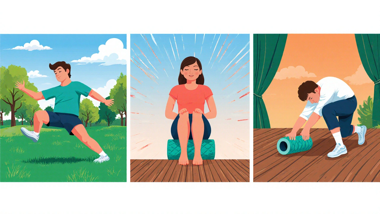 Person performing leg swings, hamstring stretch, and foam rolling in bright outdoor setting.