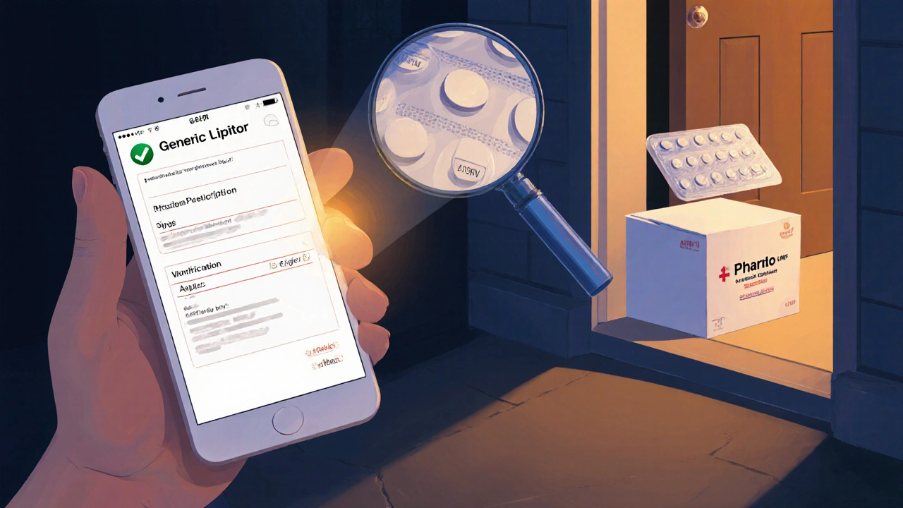 Person verifies prescription on phone, receives sealed pill box, checks pill imprint with magnifier.