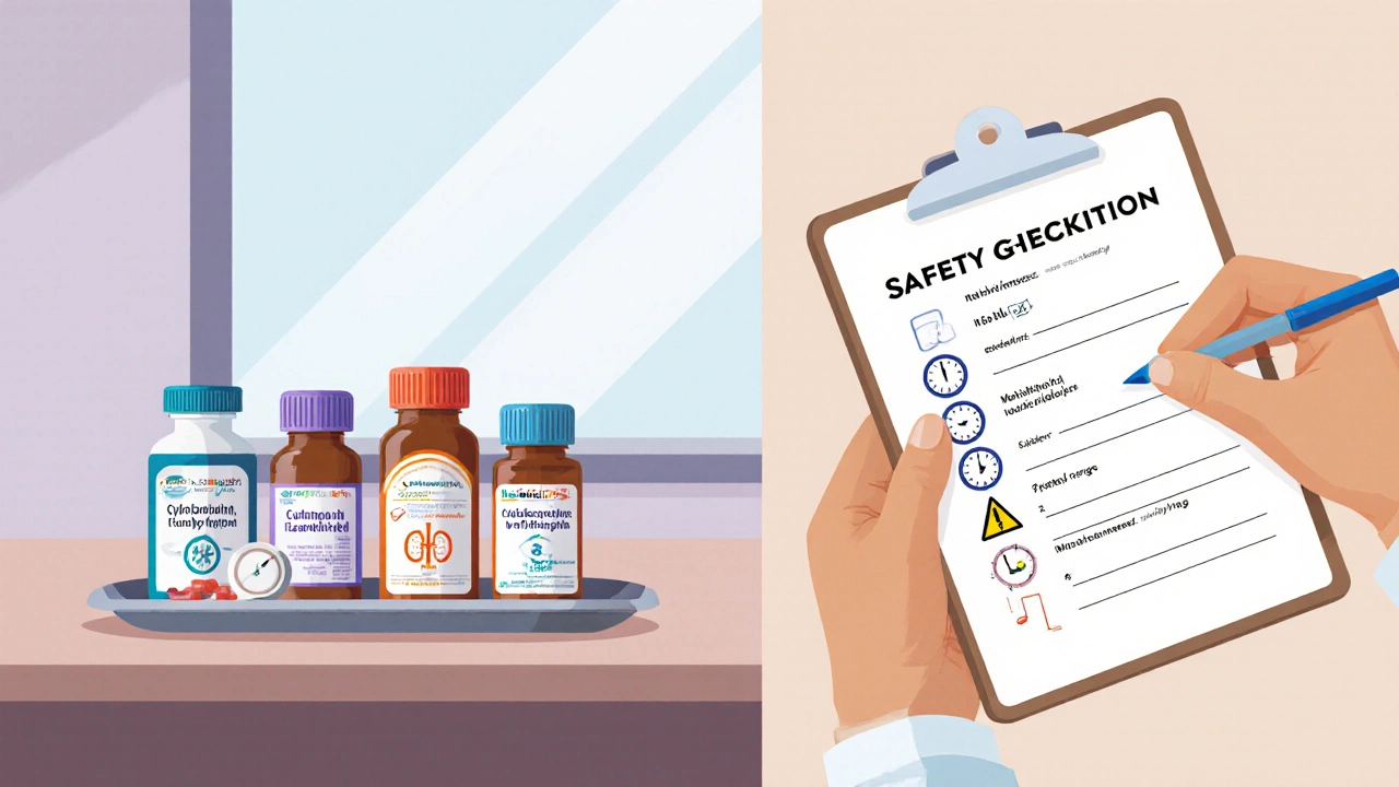Pharmacy tray with various muscle relaxant bottles and doctor’s safety checklist.