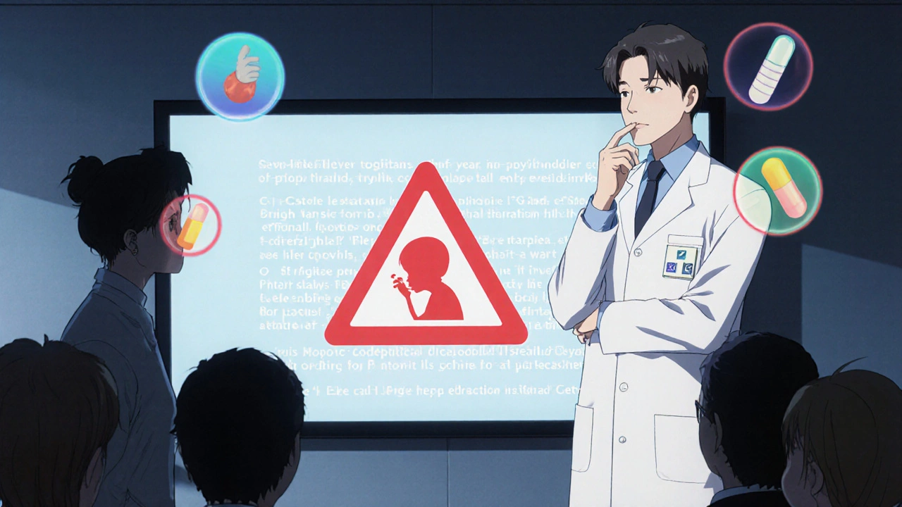 Physician pointing at warning monitor surrounded by opioid icons, discussing codeine risks in a hospital room.