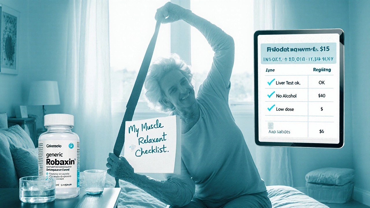 Senior woman stretching at home with Robaxin bottle and medication checklist.