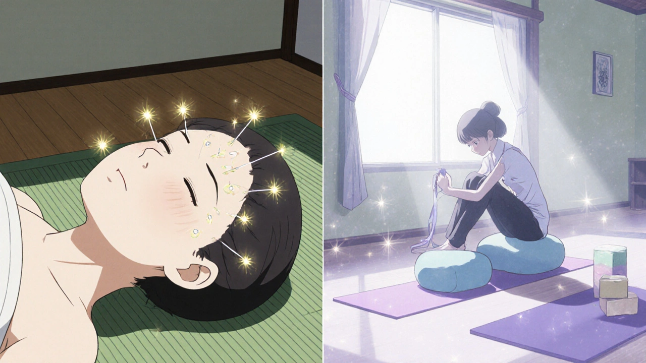 Split scene of acupuncture session and gentle yoga class in a calm studio.