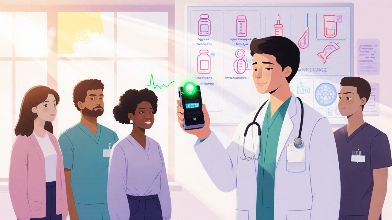 Technician using rapid genetic test device while diverse patients view safe opioid options in a bright lab.