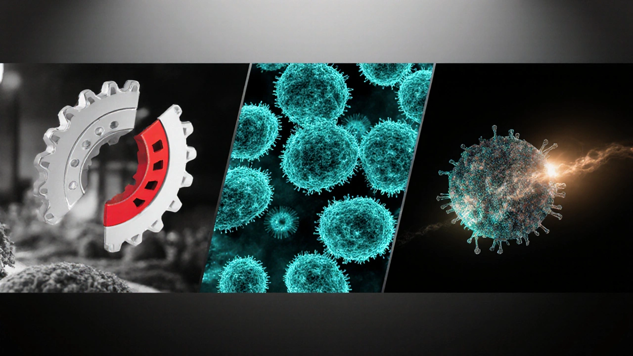 Three immunotherapy methods shown: checkpoint block, CAR‑T attack, monoclonal antibody binding with limited color accents.