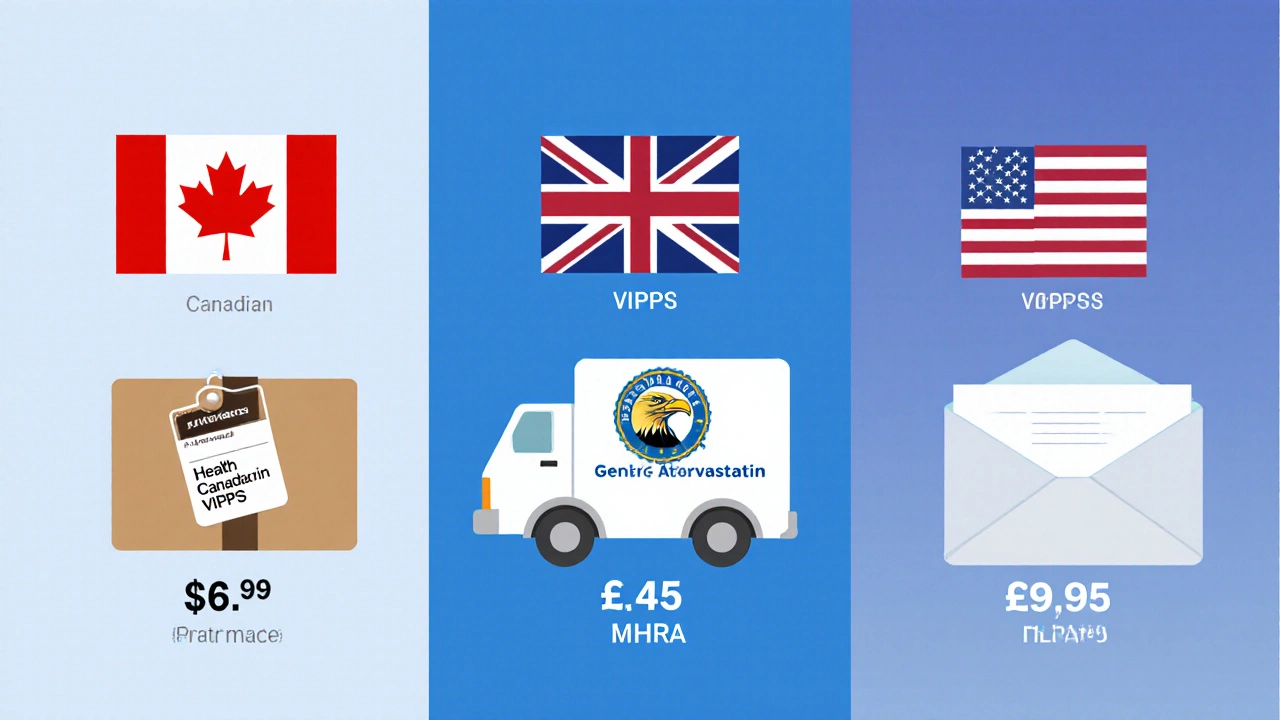 Three panels comparing Canadian, UK, and US pharmacy packages with prices and accreditation seals.