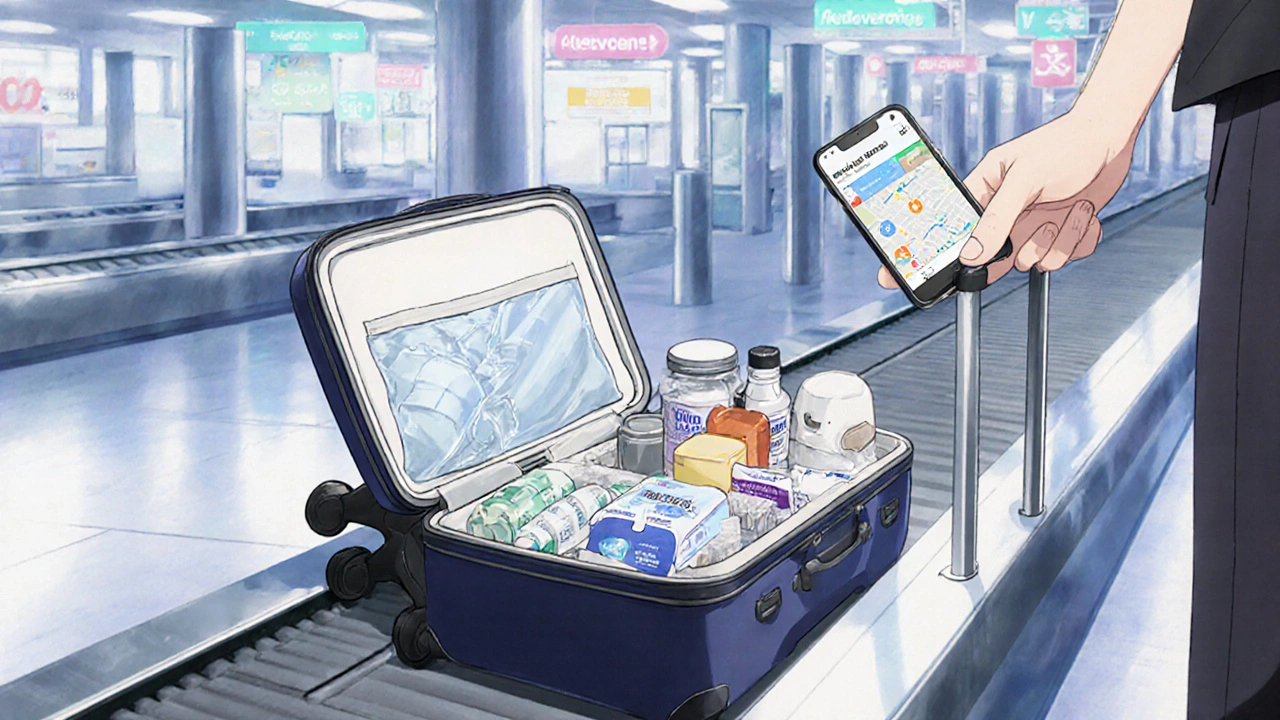 Traveler packs medications and cooler in a busy airport, checking restroom map on phone.