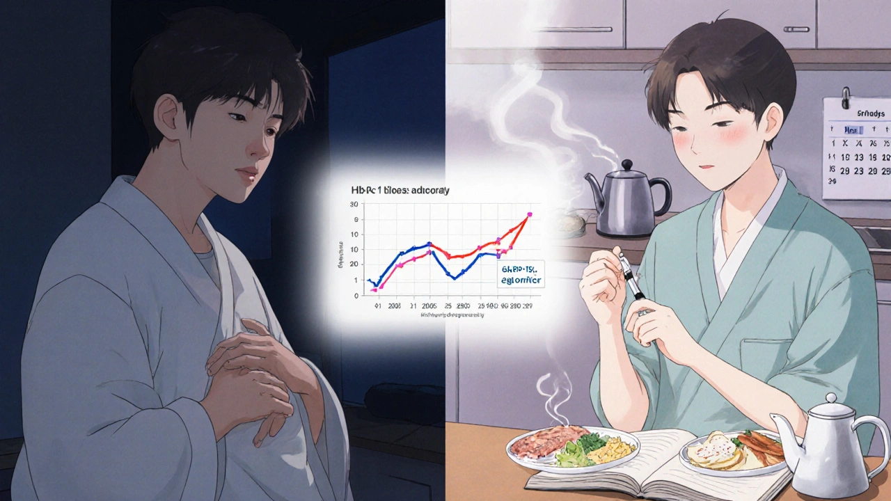 Two patients: one with Metformin discomfort at night, another injecting GLP-1 under morning light with weight loss progress.