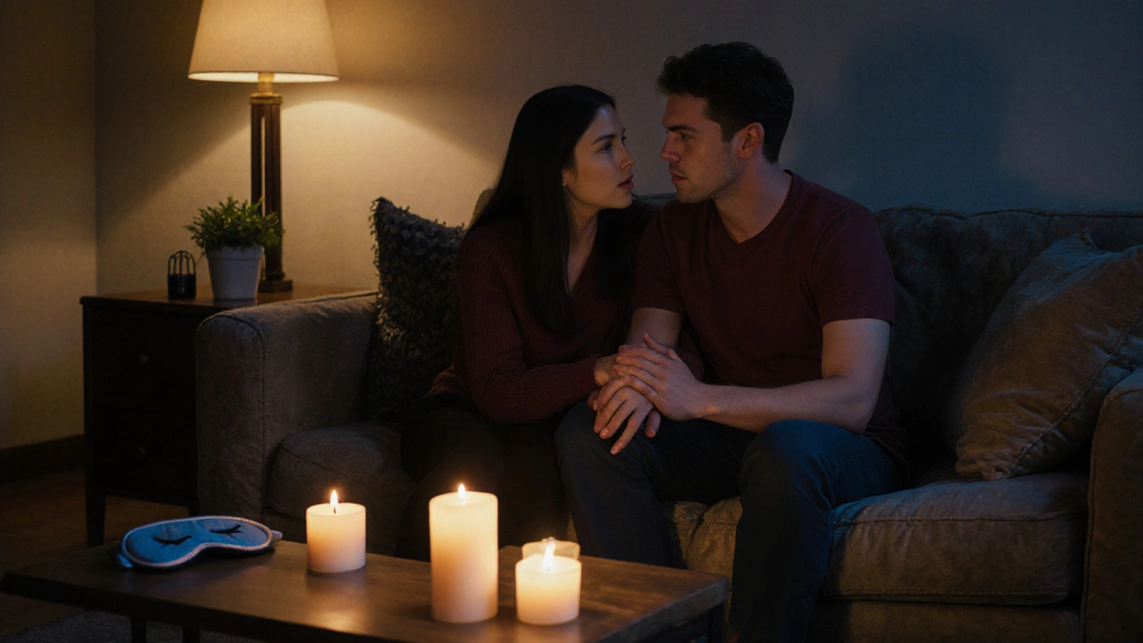 Warm oil painting of a couple sharing an intimate conversation on a couch, representing communication&#039;s role in desire.