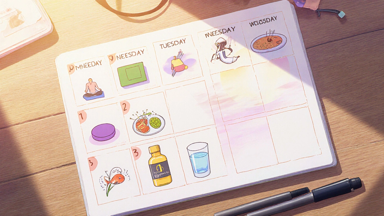 Weekly planner showing anime icons for yoga, meditation, acupuncture, diet, and supplements.