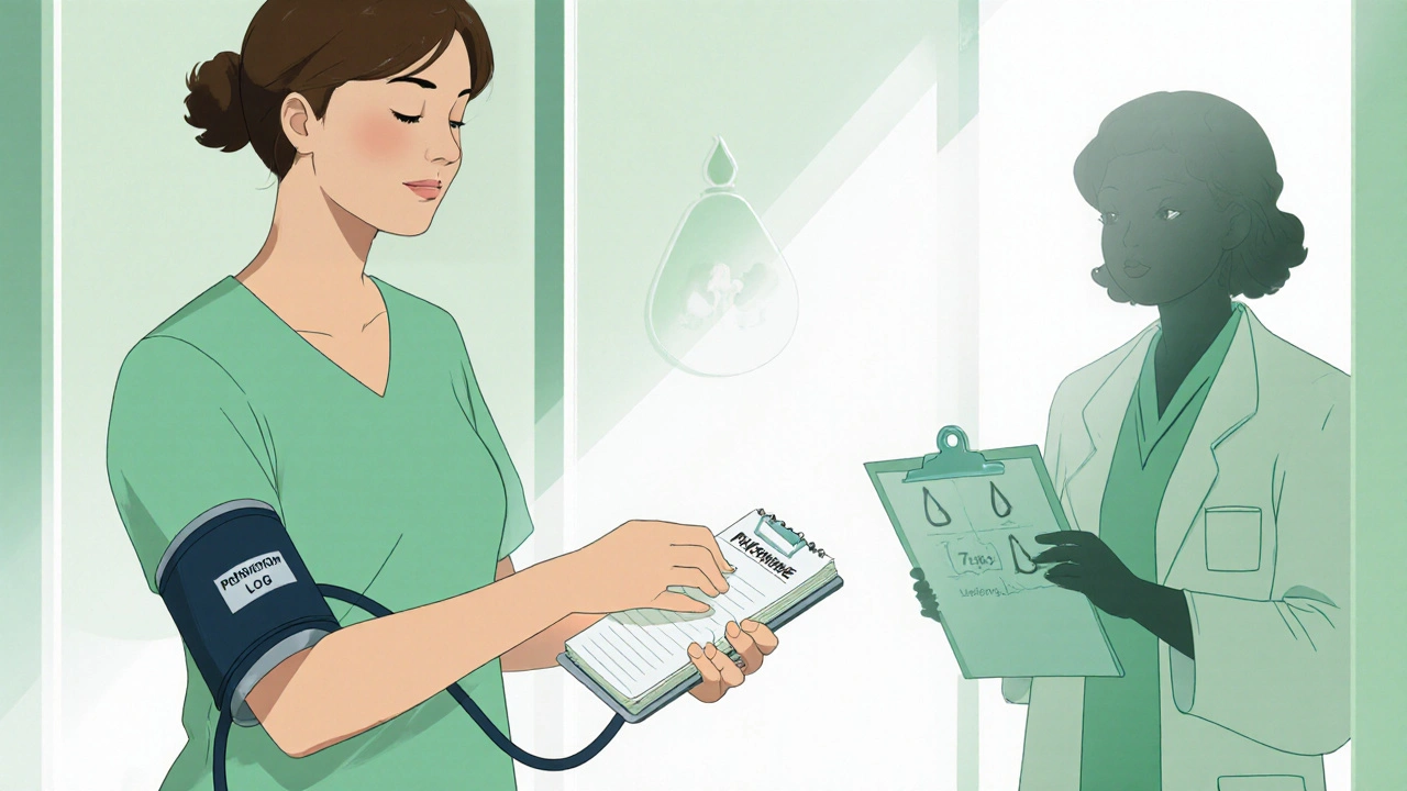 Woman writing in a medication log, checking blood pressure cuff, with lab charts nearby.