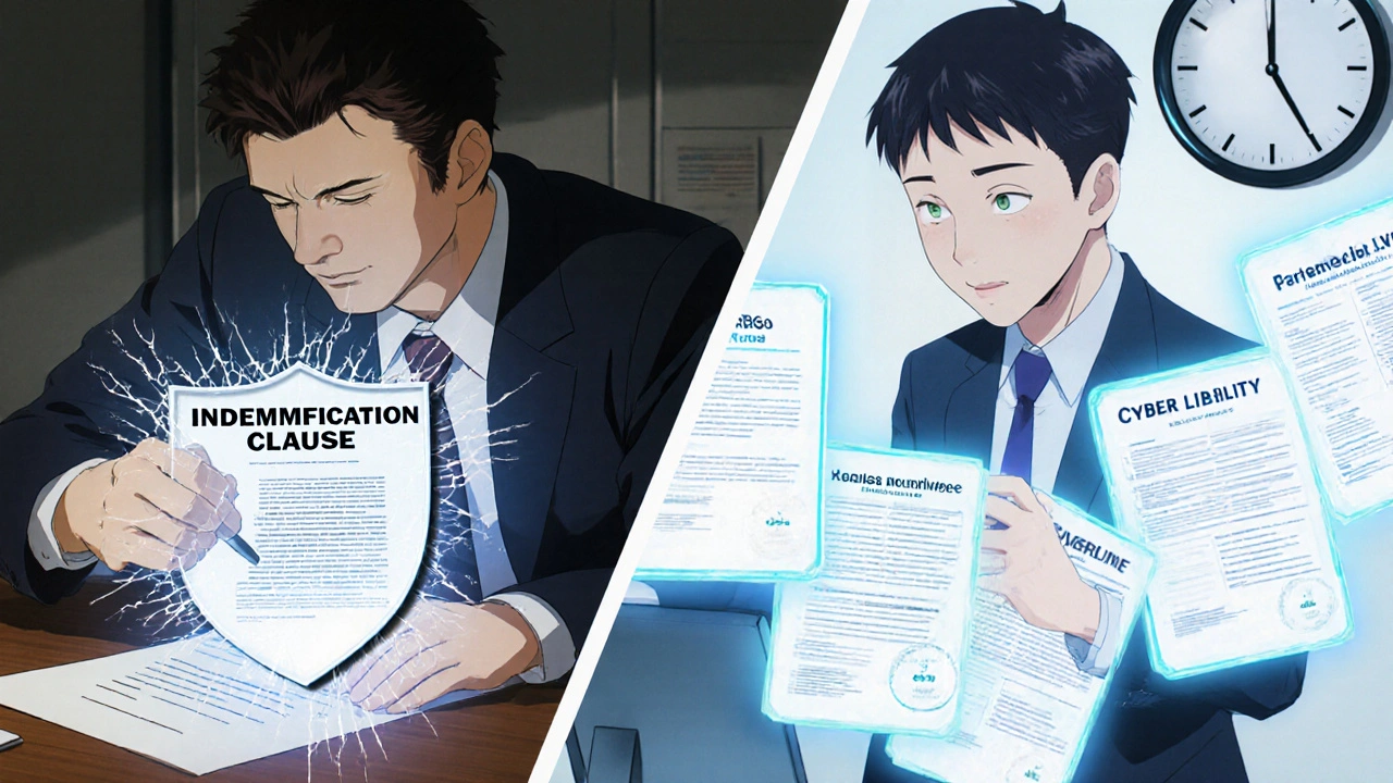 A buyer signs a contract while a vendor checks insurance documents, with a ticking clock emphasizing deadlines.