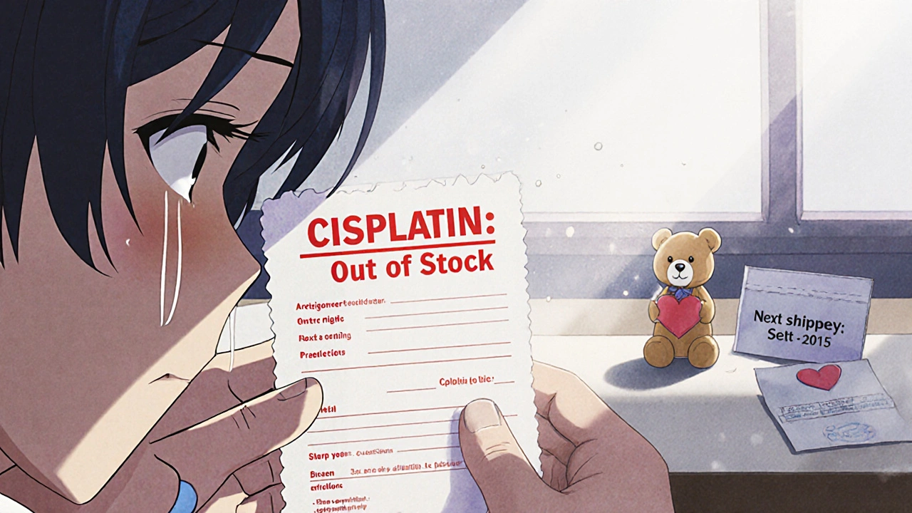 A cancer patient holds an &#039;Out of Stock&#039; prescription, tears in their eyes, with a note and empty pill bottle on the table.