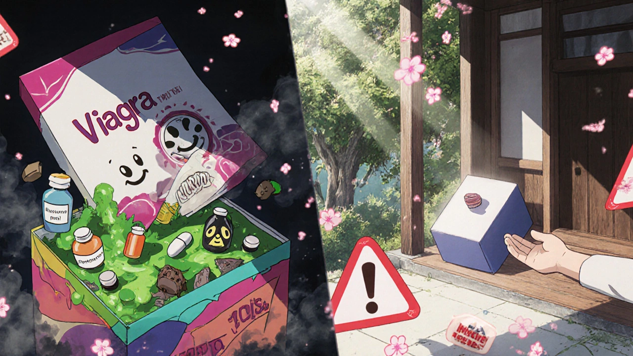 A fake drug package spilling toxic contents versus a real pharmacy delivery box with a single safe pill inside.