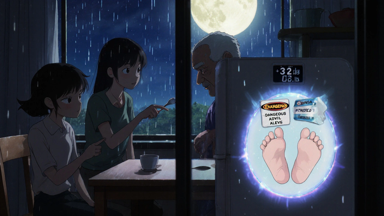 A family at the kitchen table, a scale showing weight gain, with a fridge magnet listing safe and unsafe painkillers.