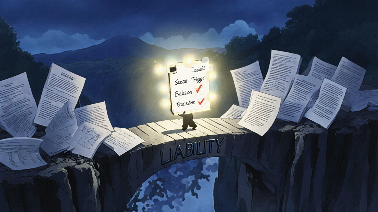 A figure crosses a bridge made of legal clauses, holding a checklist lantern, as the bridge crumbles behind them.
